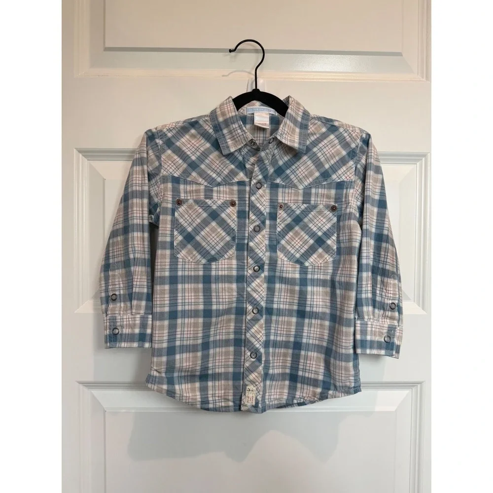 31.Janie and Jack Boys Blue Plaid Western Snap Button Down Shirt 4T Cotton